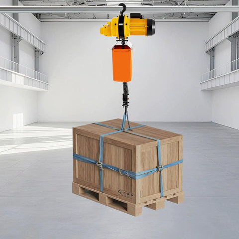 Powerful Heavy Duty Electric Chain Hoist 2200 Lbs Lift With 10 Ft Range And 1300W Motor for lifting a wooden crate.