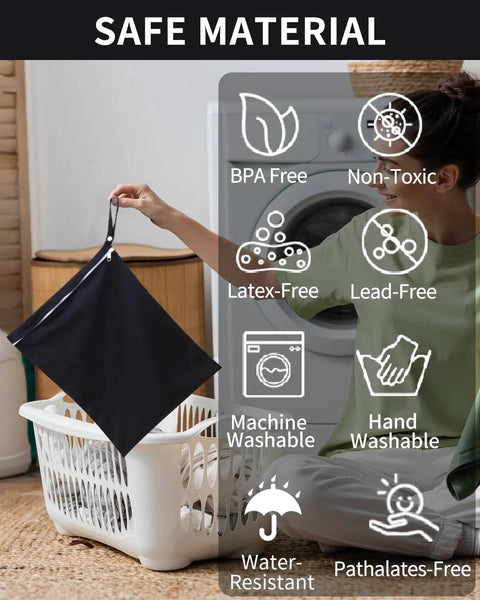 Person holding Travel Laundry Bag Set 2 Pack for Dirty Clothes and Swimwear, Waterproof Wet Dry Bags by washing machine