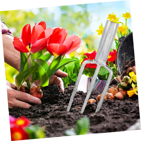 Heavy Duty Garden Fork Broad Fork For Gardening And Digging beside colorful flowers, sturdy steel tool, comfortable grip, soil aeration