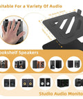 Desktop Speaker Stands With Vibration Absorption Pads showing adjustable top plate and compatibility with bookshelf speakers.