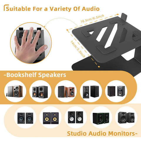 Desktop Speaker Stands With Vibration Absorption Pads showing adjustable top plate and compatibility with bookshelf speakers.