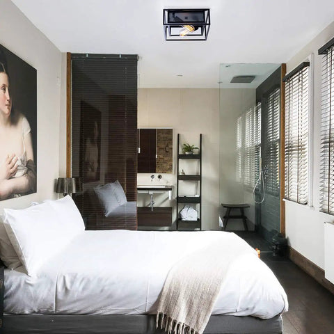 Sleek Black Flush Mount Ceiling Light Square Fixture With Glass Shade And Industrial Metal Cage Two Light in modern bedroom.