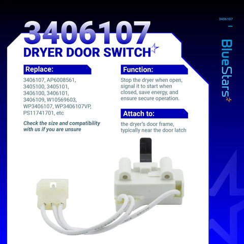 Easy Install Dryer Door Switch Replacement Fits Whirlpool Maytag Kenmore Dryers Replaces 3406107 with product details