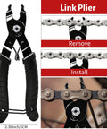 Bike Chain Tool Repair Kit With Link Pliers And Checker, showing link pliers removing and installing chain links, tool measurements shown.