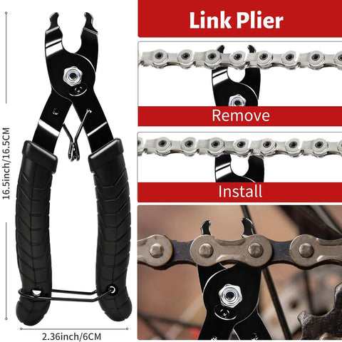 Bike Chain Tool Repair Kit With Link Pliers And Checker, showing link pliers removing and installing chain links, tool measurements shown.