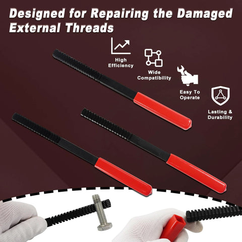 KUNGJUER 3-piece thread file set with red-handled black high-carbon steel files for metric and SAE threads (angled view)