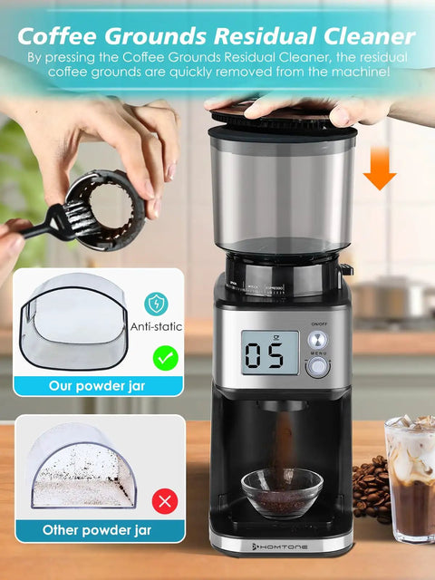 Conical Burr Espresso Grinder With 51mm Stepless Electric Bean Grinder, Pro Grade Grind Settings And Timer shown in kitchen.