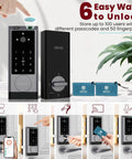 Six In One Smart Lock With Camera And Doorbell For Front Door, Keyless Entry, Fingerprint Scanner, App Remote, IC Card, Passcode, And Voice Control With Alexa And Google Assistant, Wi Fi Enabled Deadbolt In Silver showing various unlocking methods.