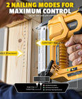 Built Damn Tough 18 Gauge Cordless Brad Nailer Runs Smooth With Dewalt 20V Batteries showing two nailing modes for precision and rapid fire.