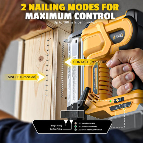 Built Damn Tough 18 Gauge Cordless Brad Nailer Runs Smooth With Dewalt 20V Batteries showing two nailing modes for precision and rapid fire.