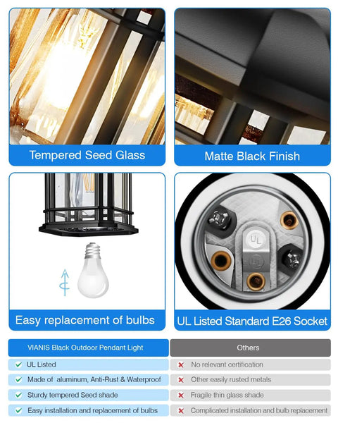 Outdoor Pendant Lights For Porch Black Exterior Hanging Lanterns showing tempered seed glass and E26 socket details