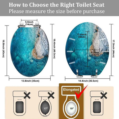 Toilet Seat Cover Elongated Quiet Close for Bathroom showing dimensions and fitting instructions for elongated design.