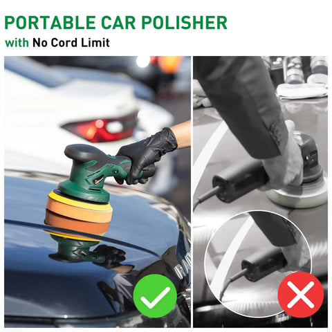 Cordless Car Buffer Polisher With Two 2000mAh Batteries And Charger in use on car hood, demonstrating cordless convenience.