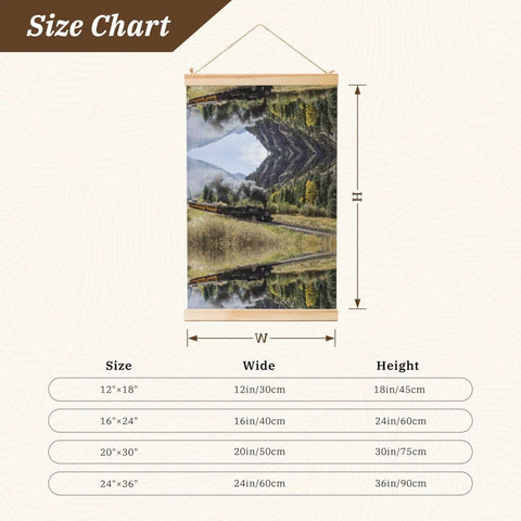 Locomotive Train Canvas Print With Wooden Frame Wall Art For Living Room And Bedroom Decor Scroll Poster Wall Hanging Banner Dope Vintage Style Scroll Painting Ready To Hang size options chart.