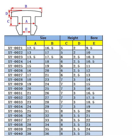 Diagram and size chart for Five Pack Silicone Hole Plugs Snap On End Caps 2.5mm To 30mm Sealing Plugs For Round Holes