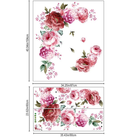 3D Peony Flower Wall Decals Peel And Stick Removable Wall Art with pink peonies and butterflies, 90x30 cm, floral mural design.