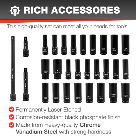 29 Piece 1/2 Inch Drive Deep Impact Socket Set With 3 Inch, 5 Inch And 10 Inch Extensions, SAE And Metric Sockets, Cr-V Steel, Heavy Duty