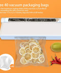 One Touch Fully Automatic Vacuum Sealer For Food Dual Use Dry And Wet With Super Strong Suction And Easy One Button Use Includes 40 Bags A Real Kitchen Must Have For Meal Prep And Long Term Food Storage sealing lemon slices with extra bags displayed