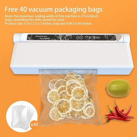 One Touch Fully Automatic Vacuum Sealer For Food Dual Use Dry And Wet With Super Strong Suction And Easy One Button Use Includes 40 Bags A Real Kitchen Must Have For Meal Prep And Long Term Food Storage sealing lemon slices with extra bags displayed