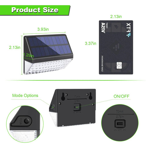 Diagram showing product size and features of 8 Pack Solar Fence Lights With Warm White And RGB Glow Modes Waterproof IP65 Outdoor Lights For Deck Fence Yard Patio Garden Pathway And Step Lighting Easy Install.
