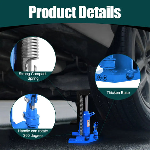 Close-up of Heavy Duty Twenty Ton Toe Jack With Adjustable Height Rack and Dual Lifting Power shows strong spring, thick base, and 360-degree rotating handle.