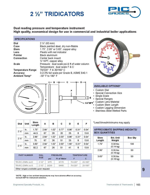 Built Tough Dual Pressure And Temperature Tridicator Gauge, 2.5 Inch Dial, diagram and specifications sheet