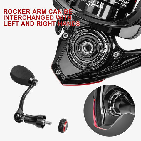 Close-up of Spinning Fishing Reels For Freshwater, Lightweight Six Plus One Stainless Steel Ball Bearings Ultra Smooth Retrieve.