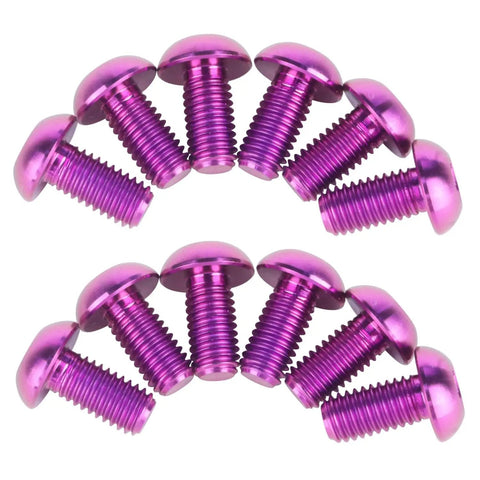 12 Pack Titanium Bolts For Bicycle Disc Brake Rotors T25 Torx M5x10mm Purple arranged in a semi-circle