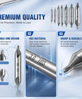 Close-up of Center Drill Bit Set 7 Piece M2 High Speed Steel 60 Degree Angle Bits showing double-end design and HSS material.