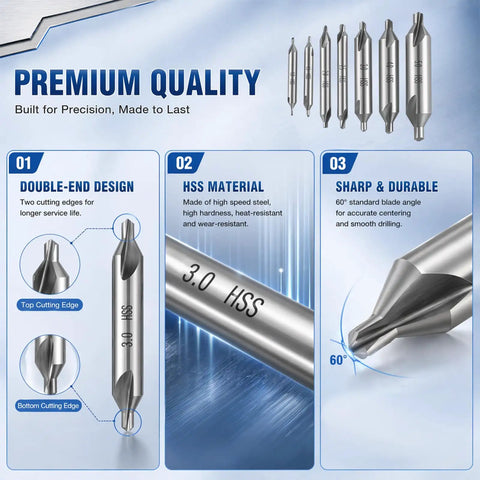 Close-up of Center Drill Bit Set 7 Piece M2 High Speed Steel 60 Degree Angle Bits showing double-end design and HSS material.