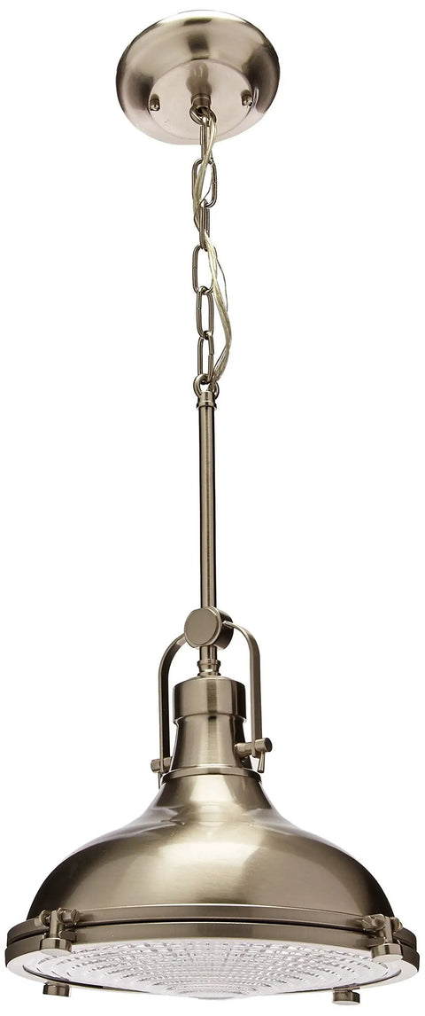 One Light Fresnel Glass Coastal Pendant In Brushed Nickel Finish For Indoor Kitchens And Bars Dope Industrial Coastal Lighting With Fresnel Lens Collection Perfect For Island Breakfast Nook Or Home Office, showing full hanging design with chain