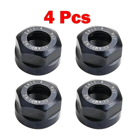Heavy Duty Er11 Collet Chuck Nut Kit Four Piece Precision Machined Clamping Hardware For Milling Machines Lathes And Shop Tooling. Four black ER11 collet nuts for secure tool gripping.