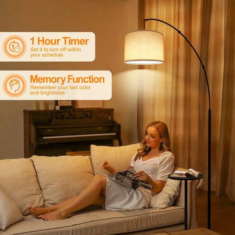 Arc Floor Lamp With Table And Marble Base, 81 Inch Tall, LED Dimmable With Remote And Four Color Temperature in living room
