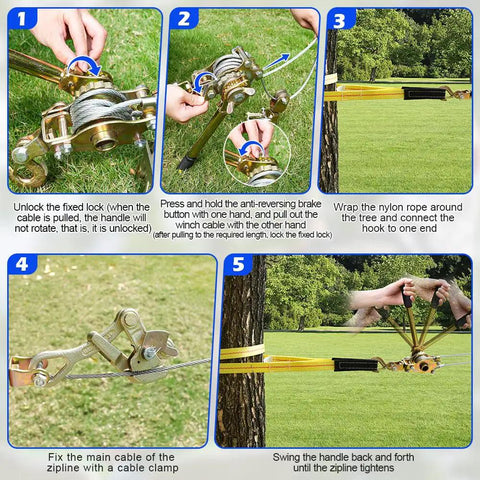 Step-by-step guide using a Zipline Tensioning Kit With Cable Winch And Grip, Heavy Duty Steel Wire Puller for backyard setup.