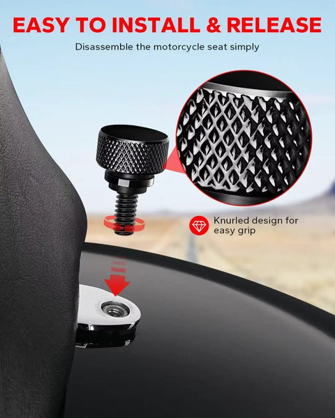 Gloss Black 304 Stainless Steel Seat Bolt Screw With Quarter Inch Twenty Thread For Harley Davidson 1996 To 2025 Models shown installed