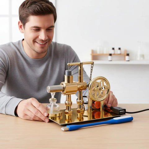 Visible Steam Engine Demonstrator Model With Metal Construction For Hands On Learning Toy Classroom And Home Projects That Really Shows How Thermal Engines Work For Student Experiments, man using it