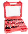 Pro Level 14 Piece Forstner Drill Bit Set Featuring Hella Sharp Carbide Tips And Rock Solid Alloy Steel Build For Slick Woodworking On Hardwood Or Softwood And Plastic Workshop Gear in a red storage case.