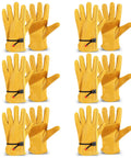 Image of six pairs Tough As Nails large cowhide leather work gloves with reinforced palm and stretchable wrist for gardening.