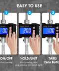 1000Kg Heavy Duty Crane Scale With Backlit LCD Digital Hanging Scale showing buttons for On/Off, Hold/Unit, and Tare functions.
