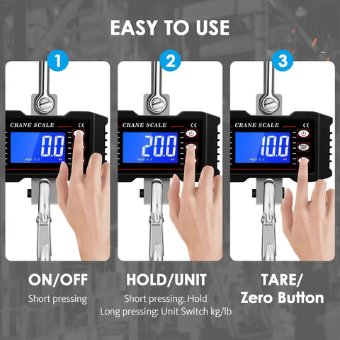 1000Kg Heavy Duty Crane Scale With Backlit LCD Digital Hanging Scale showing buttons for On/Off, Hold/Unit, and Tare functions.