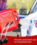 Person refilling car with 4 Piece Racing Fuel Jug Cap Kit With 2 Caps And 2 Hoses For 5 Gallon Gas Cans.
