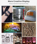 Various engraved items including bracelet, mug, hat, lamp, and metal cutouts created with TTS-55 Pro Laser Engraver 5.5W.