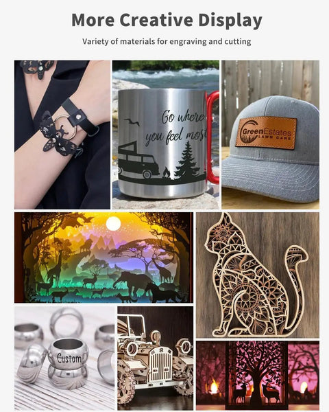 Various engraved items including bracelet, mug, hat, lamp, and metal cutouts created with TTS-55 Pro Laser Engraver 5.5W.
