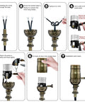 Slick 3 Way Lamp Socket With Twist Dimmer Switch And Antique Brass Rotary Knob For No Fuss Table And Floor Lamp Replacement Includes Two Pack UL Verified installation steps shown.