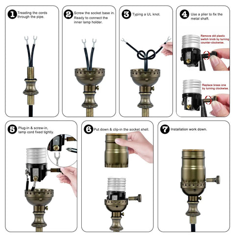 Slick 3 Way Lamp Socket With Twist Dimmer Switch And Antique Brass Rotary Knob For No Fuss Table And Floor Lamp Replacement Includes Two Pack UL Verified installation steps shown.
