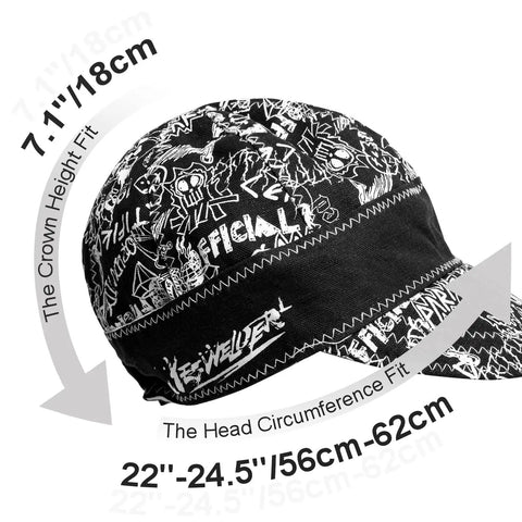 Reversible Welding Cap With Elastic Band, Durable Protective Welders Hat, Black and White, showing size dimensions.