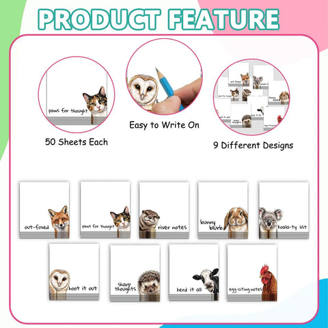 9 Pack Cute Sticky Note Pads With Funny Animal Puns Hand Drawn Style Notepads for Office and School Supplies features