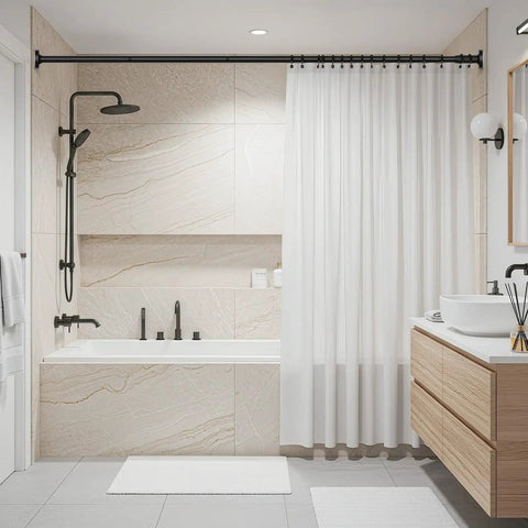 32 To 90 Inch Adjustable Tension Curtain Rod In Black No Drill Easy Install For Patio Windows Bathroom Closet And Doorway With Strong Spring Tension And Quick Twist End Caps in a stylish bathroom setting with white shower curtain over a bathtub.