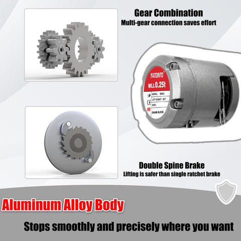 Gear combination and brake mechanism of 0.5 Ton Aluminum Hand Chain Hoist With 1100 Lbs Capacity, 10 Ft Lift Height, Dual Heavy Duty Hooks