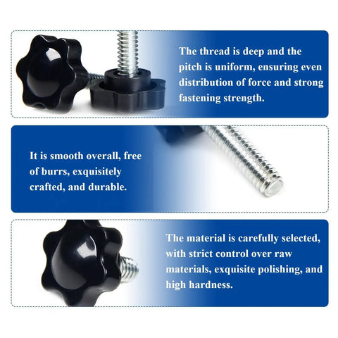 Bulletproof Black Plastic Star Knob Clamping Screws With Quarter Inch Carbon Steel Inserts And Knurled Thumb Grips For No Sweat Installation And Quick Adjustments Pack Of Twenty showing depth of thread and smooth surface.